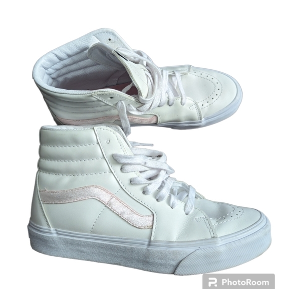 Vans SK8 Classic Hi High White Leather Powder Pink Stripe Skate Shoes - Picture 2 of 10